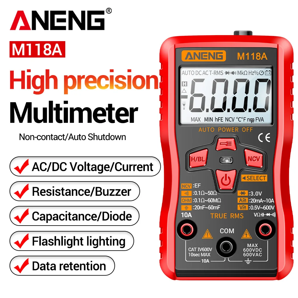 

Мультиметр-тестер цифровой миниатюрный индукционный бесконтактный для измерения переменного/постоянного напряжения, тока, емкости, True RMS, с автоматическим определением ANENG M118A ﻿