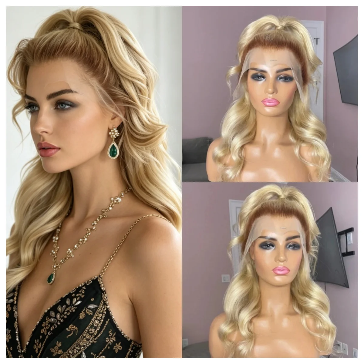 Synthetic Soft Ombre Blond Wave Wig 150 Density HD Lace Front Transparent for Women with Dark Roots