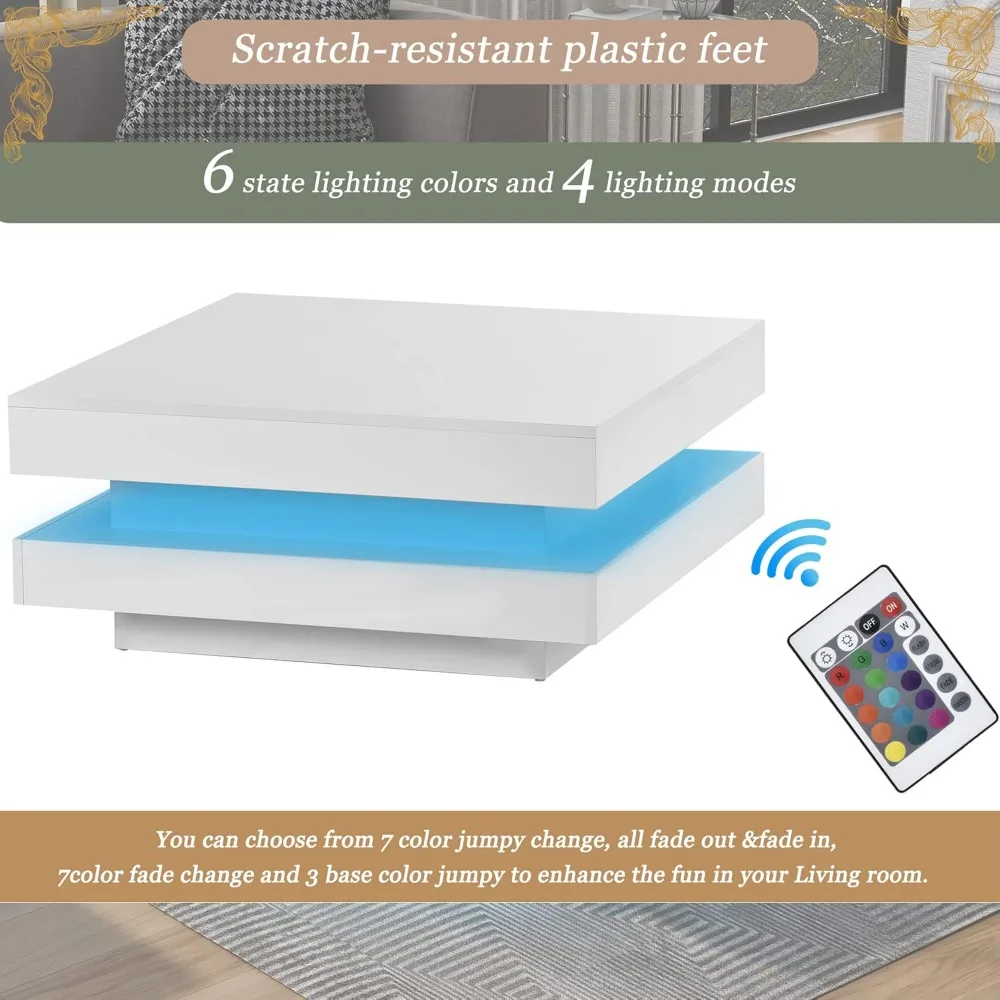 モダンなコーヒーテーブル、プラグイン16色LEDライト付き2段正方形コーヒーテーブル、高光沢コーヒーテーブル、センターテーブル
