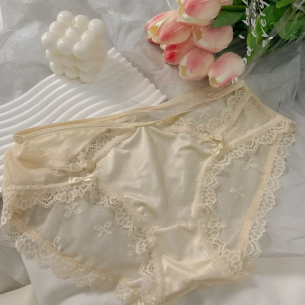 

Lingerie Cotton Crotch Lace Seamless Panties Bow Transparent Mesh Lace Briefs Franch Style Satin Silk Briefs Lady