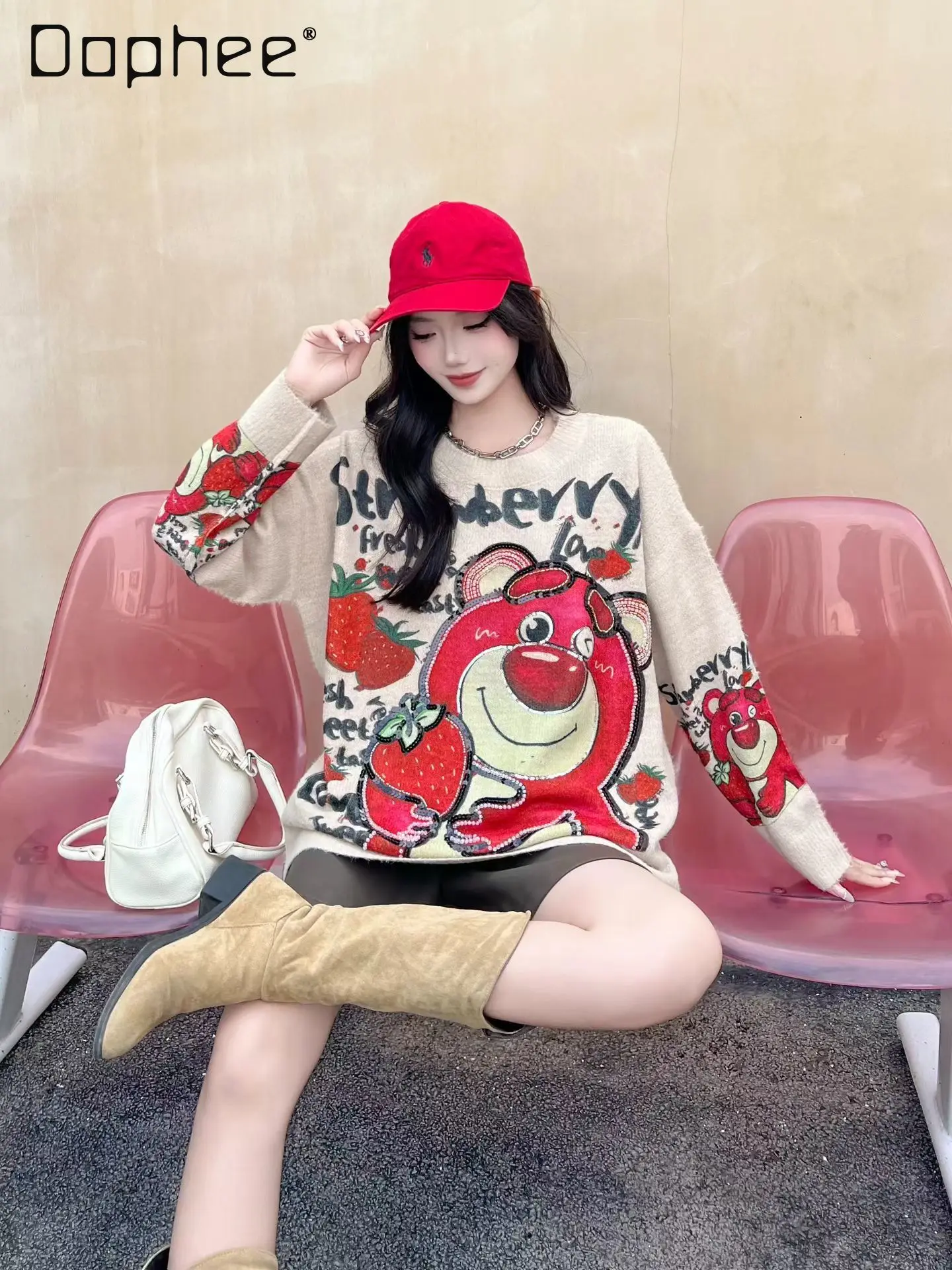 الدب الكرتون طباعة الثقيلة حجر الراين طويلة الأكمام طاقم الرقبة سترة للنساء الخريف بلوفر شتوي فضفاض تريكو سترة #1