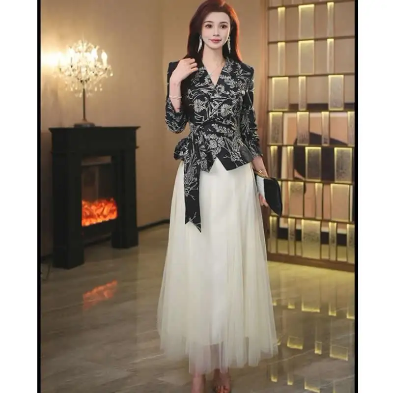 

New Luxury Autumn Women's Two Piece Set Fashion Elegant Printed Long Sleeve V-neck Lace-Up Slim Waist Shirt + Loose Skirt Suit