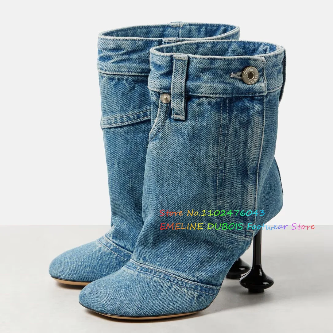 Cowboy Ankle Boots Women Denim Round Toe Stiletto Heel Short Boots High Heel Pants, Boots Fashion Oversized Women's Shoes