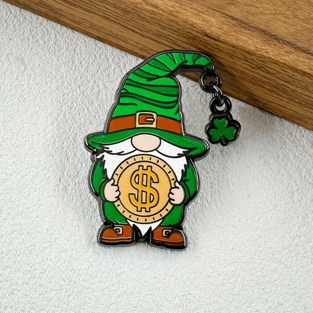 

St. Patrick's Day Lucky Green Leprechaun Enamel Brooch Fairy Holding Gold Coin with Shamrock Design Badge Ireland Festival Gift