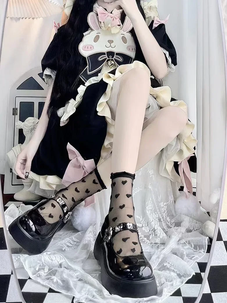 JK Lolita Girls Cute Transparent Mesh Crew Socks Women Sweet Ruffled Lace Trim Cute Love Heart Pattern Anime Princess Hosiery image 3