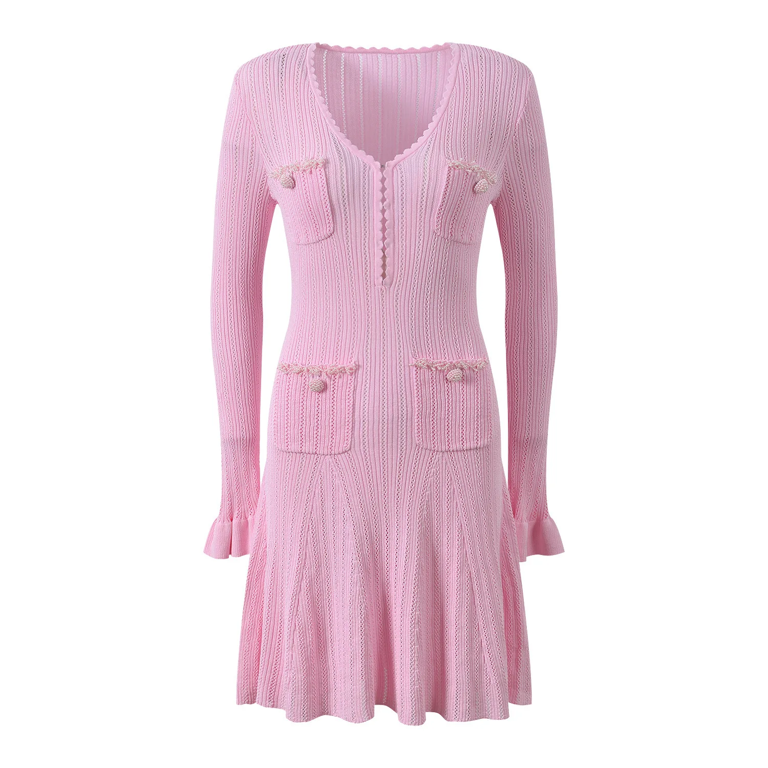 

Элегантное трикотажное платье с V-образным вырезом, длинными рукавами, завышенной талией, приталенное, с четырьмя карманами, розовое, антивозрастное, модное, весенняя новинка