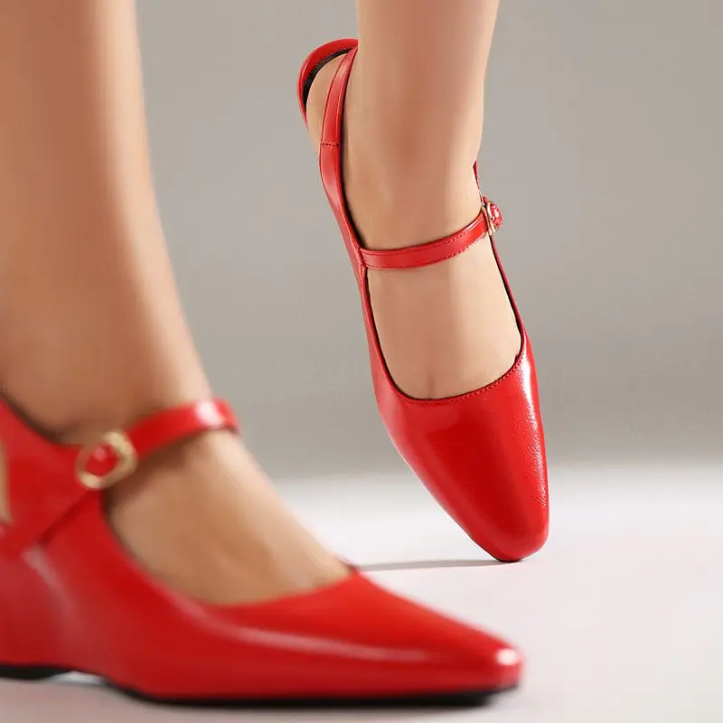 SIMLOVEYO Red Women Sandals Square Toe 9cm Wedges Heel Buckle Strap Plus Size 41 42 43 Sweet Soft Dating Mary Janes Lady Shoes - view 4