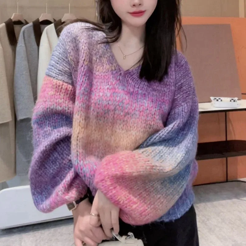 Short Jumper Sweater Women Y2k Clothes Pullover Pink Gradient Korean Fashion O-Neck Autumn Winter 2024 Casual Tops Chic Female