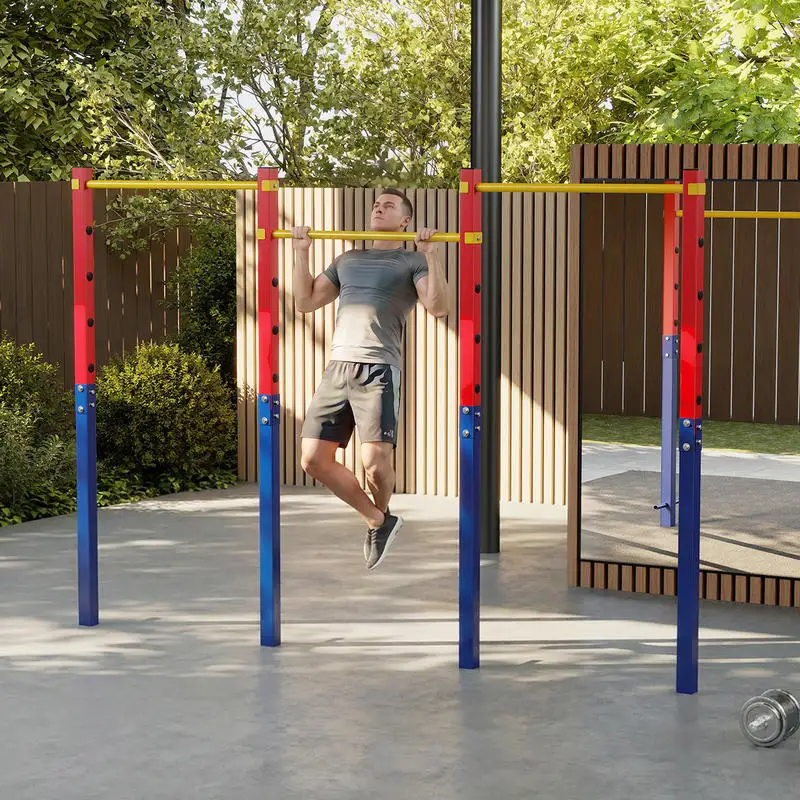 Einboden-Klimmzugstange rot bis 330 kg Tragkraft, 5-fach höhenverstellbar, verzinkter Stahl mit Bodenanker, rostbeständig, robust für Outdoor-Krafttraining, Klimmzüge, Bauchmuskelübungen, Einbau im