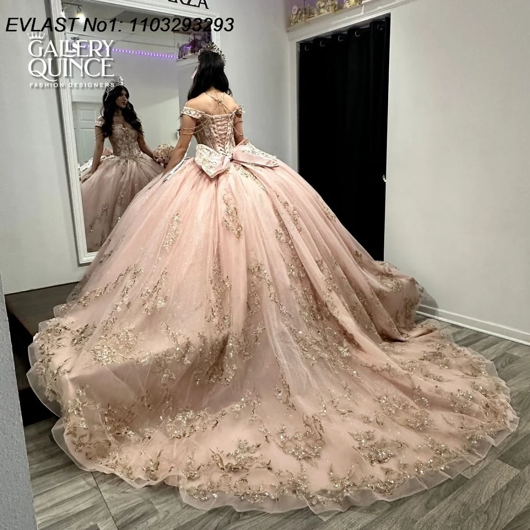 EVLAST Personalizzato Principessa Blush Rosa Abito Quinceanera Abito di Sfera Oro Applique di Pizzo Che Borda Dolce 16 Vestido De 15 Anos E1Q180