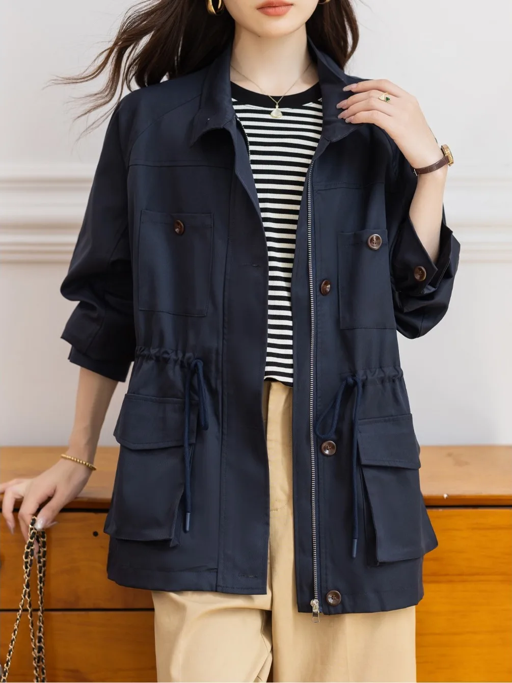 

Loose Pure Color Windbreaker Jaet Large Size Women's Multi-ket Dstring Waist Casual Versatile Coat Autumn New Arrival