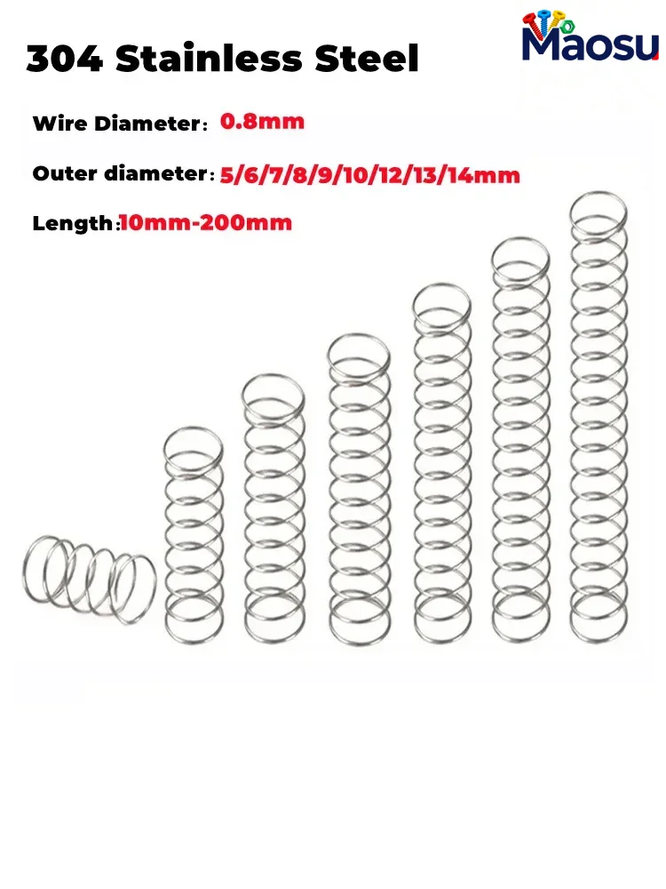 0.8 Compression Spring 304 Stainless Steel Wire Dia 0.8mm OD 5/6/7/8/9/10/11/12/13/14mm Length 10/15/20/25/30/35/40/45/50/60mm