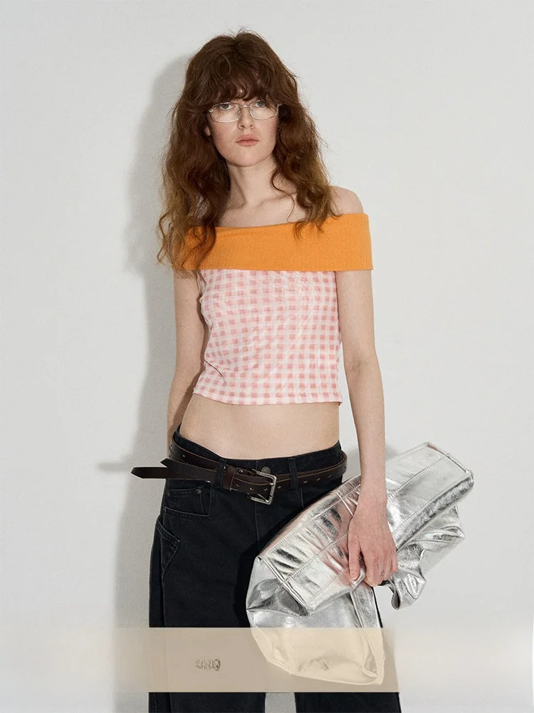 

Beach Romance Vaion Off-oulder Double Layered Me Plaid Crop Top Women's Korean Sle Slim Fit Polyester Fiber irt