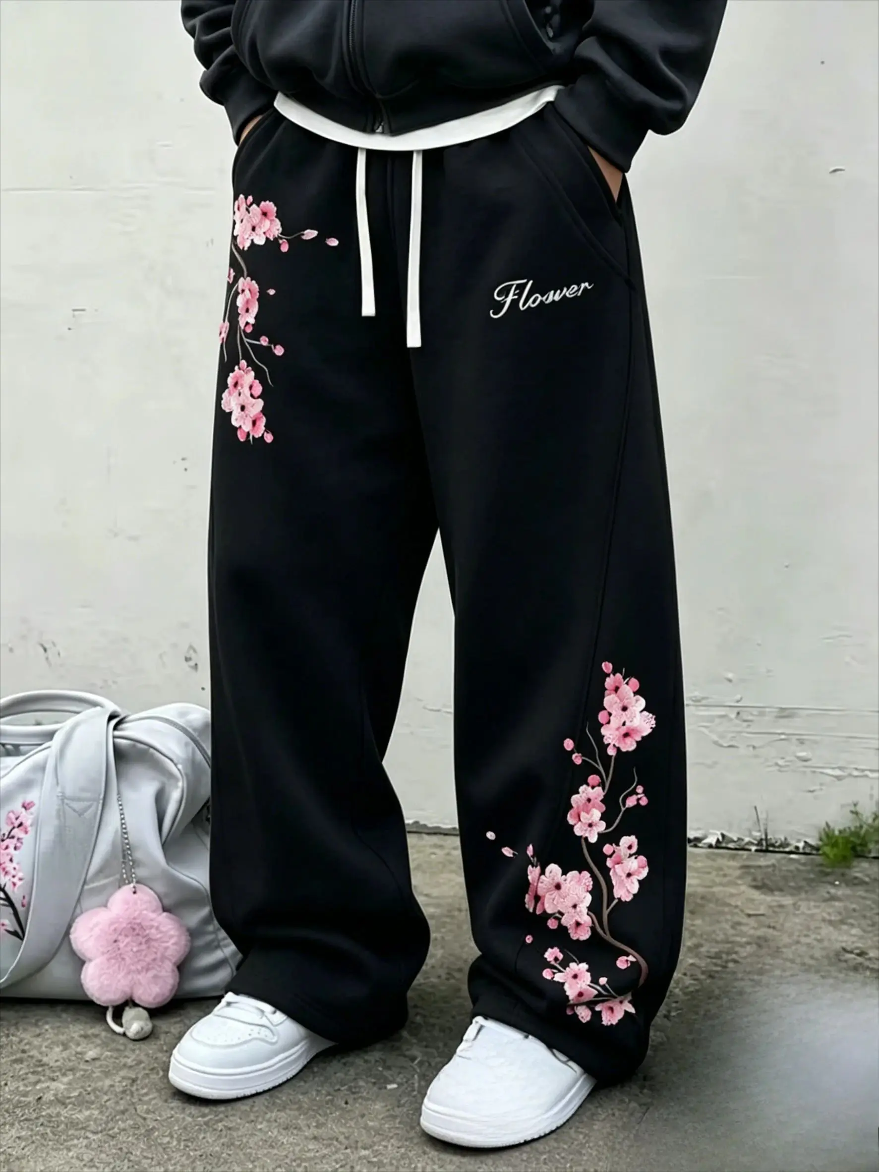 2026 Sakura Pattern 3D Printed Denim Pants - Loose-Fitting Casual Sports Pants - Street Style Pants