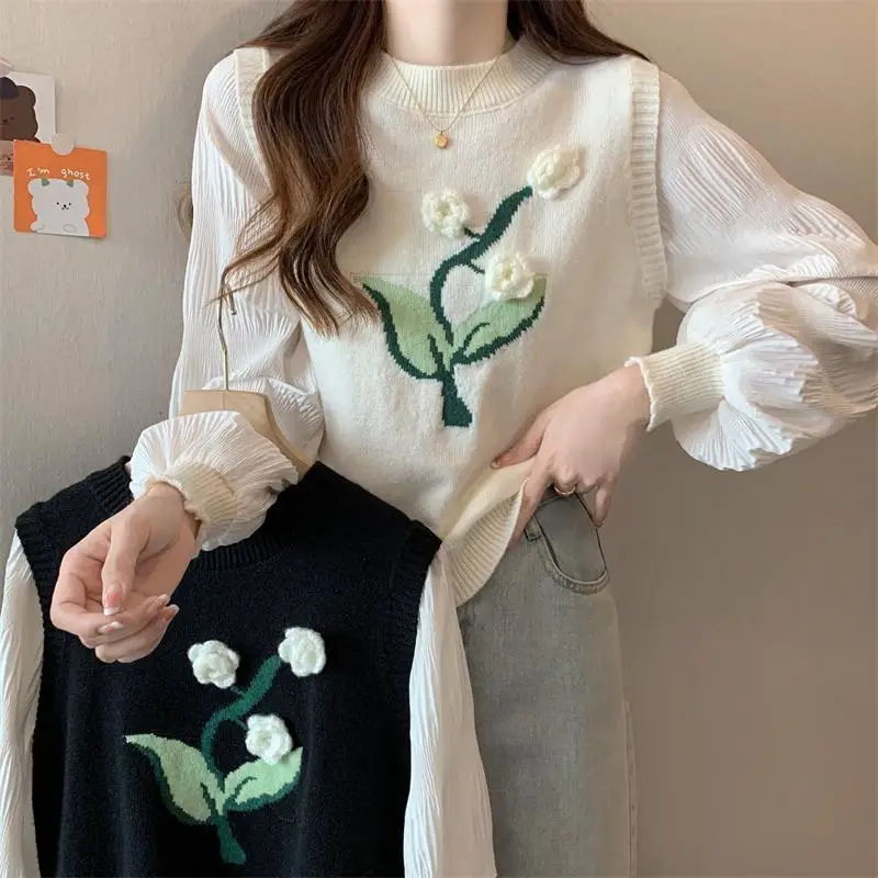 Casual O-Neck Knitted Spliced Shirt Female Clothing Fake Two Pieces Spring Autumn Floral Three-dimensional Decoration Blouse New