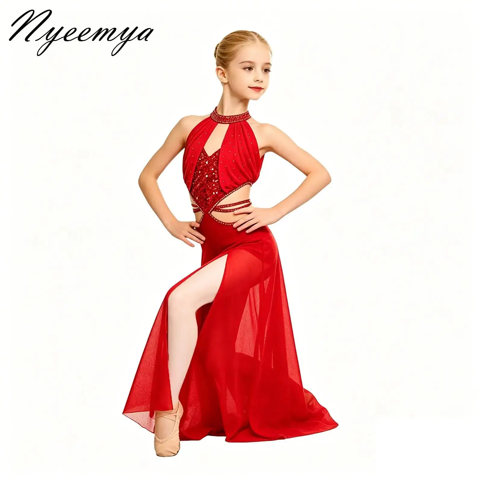 

Girls Cutout Shimmery Jumpsuit Gymnastic Ballet Dancewear Sleeveless Wide-Leg One-piece Dance Modern Contemporary Costume