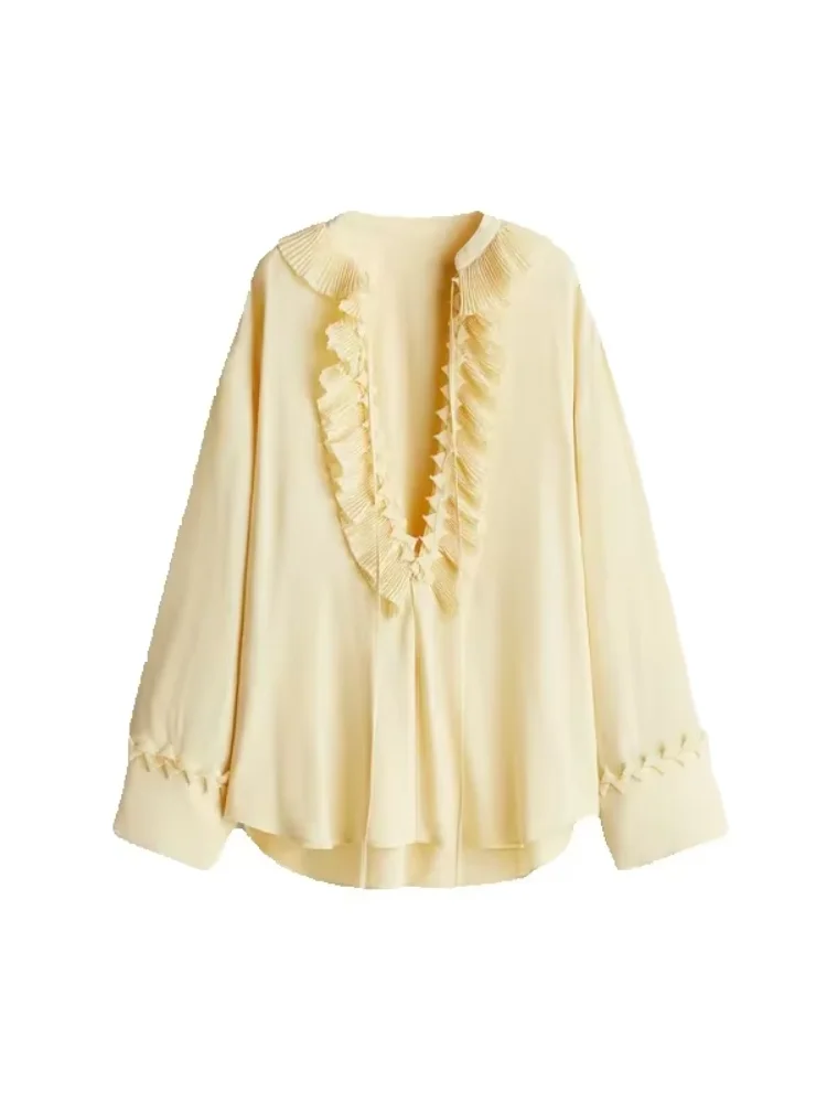 Butter Yellow Ruffled Long Skirt Suit Summer Women's Fashion Loose Lace-up V-neck Shirts Sets 2025 Lady Holiday Street Outfits
