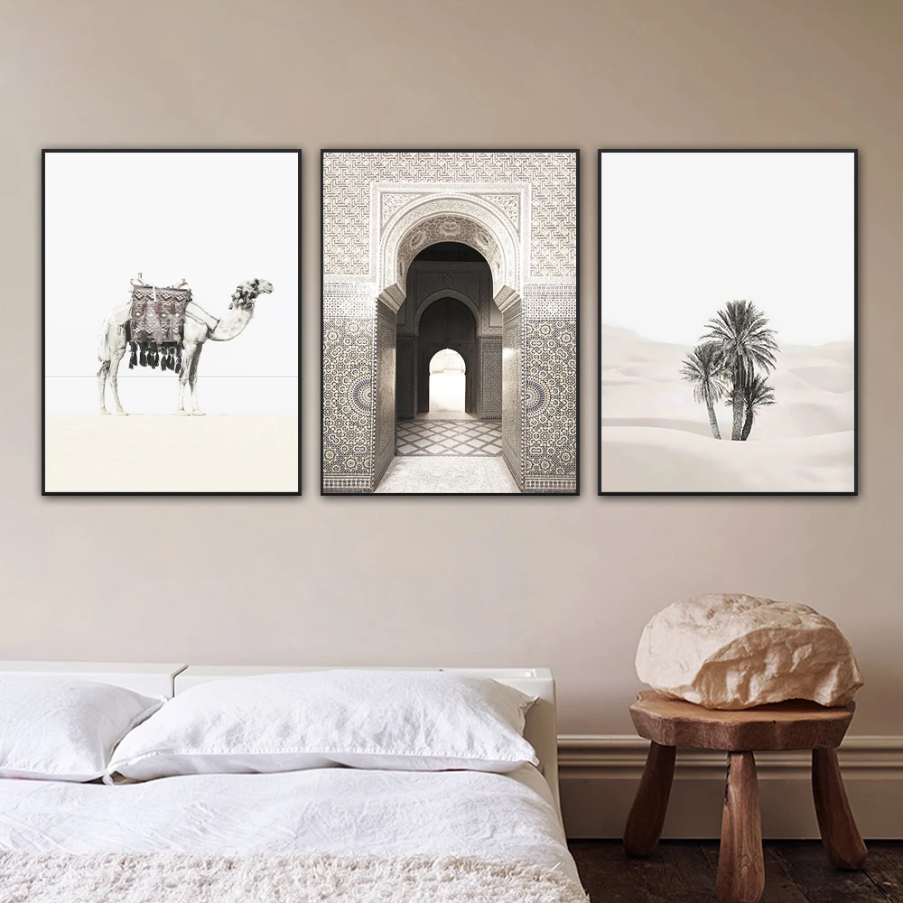 frameless Canvas Painting 3PCS Frameless Poster Camel Morocco Door Wall Art Palms In Sahara Desert Landscape Canvas Paintings P