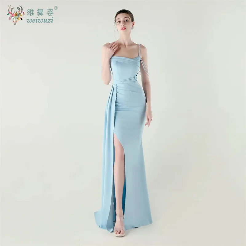 

Satin Straps Long Elegant Evening Dresses Bridesmaid Dresses Off-The-Shoulder Birthday Party Split Gowns Sexy Backless Dress