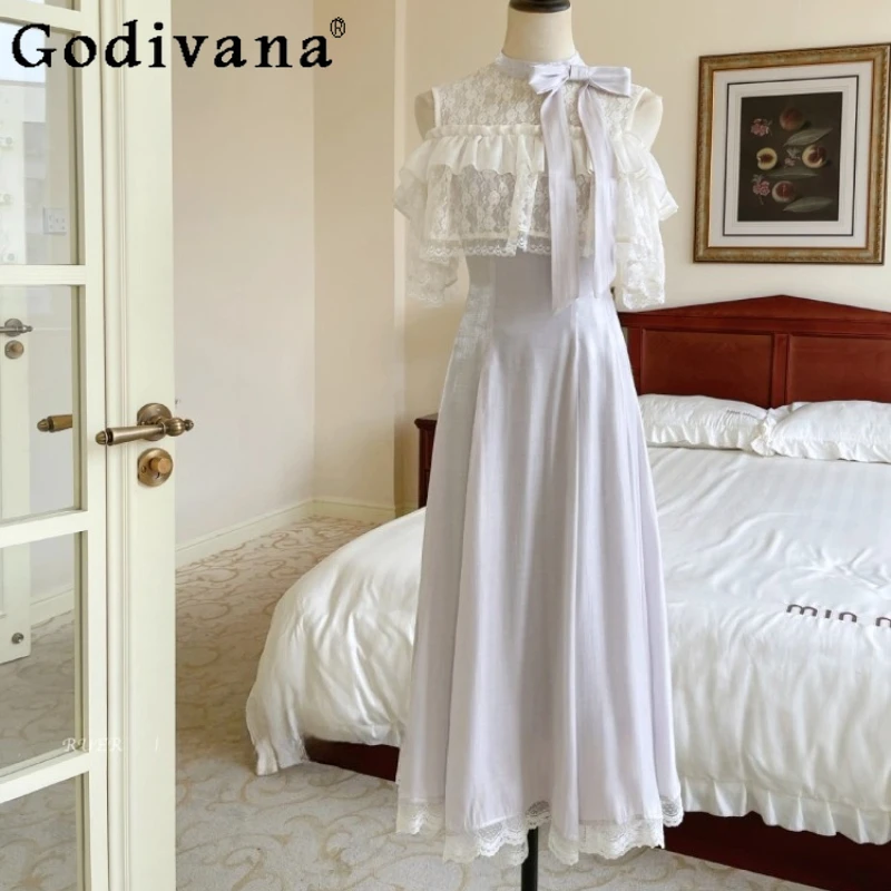 

Women's Lace Japanese Style Dress Gentle Elegant Clear Series Long Lolita Dress Female Purple Color Bow Sweet Cute Dress