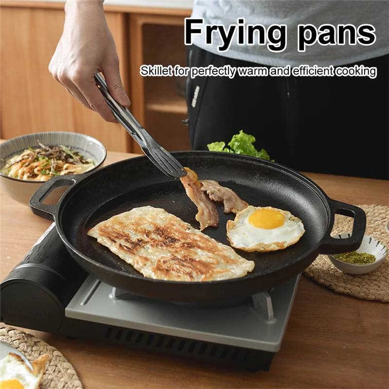 Cast Iron BBQ Camping Frying Pan, Double Handle Non-Stick Pancake Pizza Pan, Steak Pork Chicken Cooking Pan, Cooking Pan