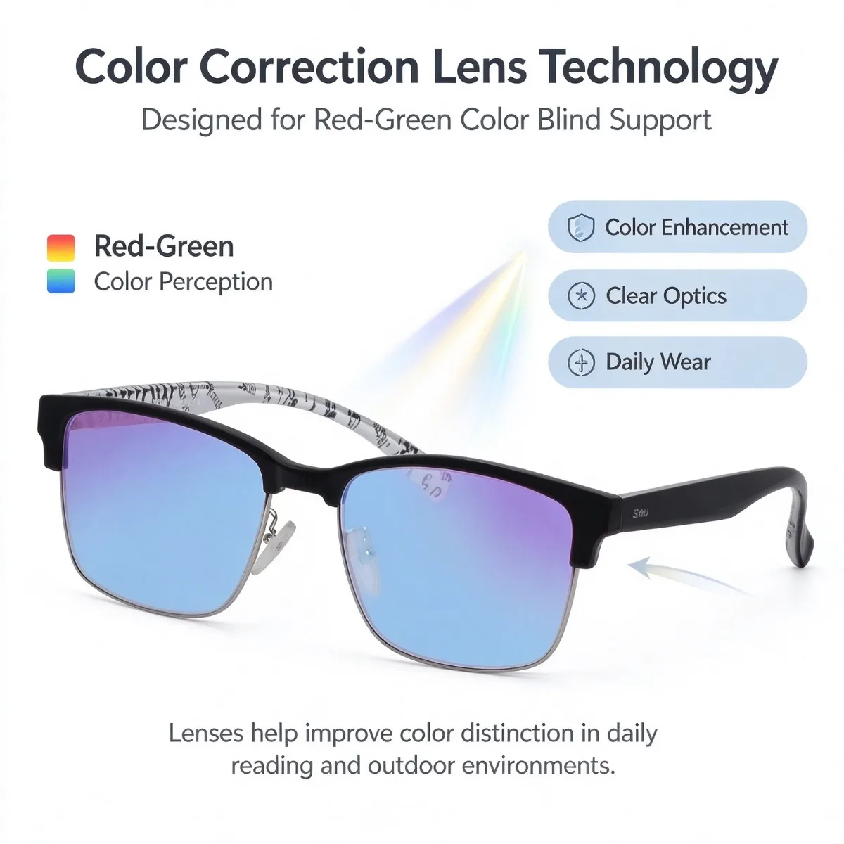 SHINU Red-Green Color Blind Glasses, Color Correction Sunglasses, Custom Prescription Colorblindness Eyeglasses