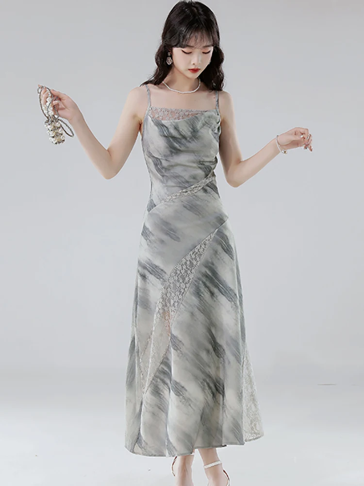 2025 Stampa Patchwork Pizzo Sexy Sling Abito lungo Donna Vintage Luxury Dance Party Dress Estate Coreano Aderente Festival Abito da ballo