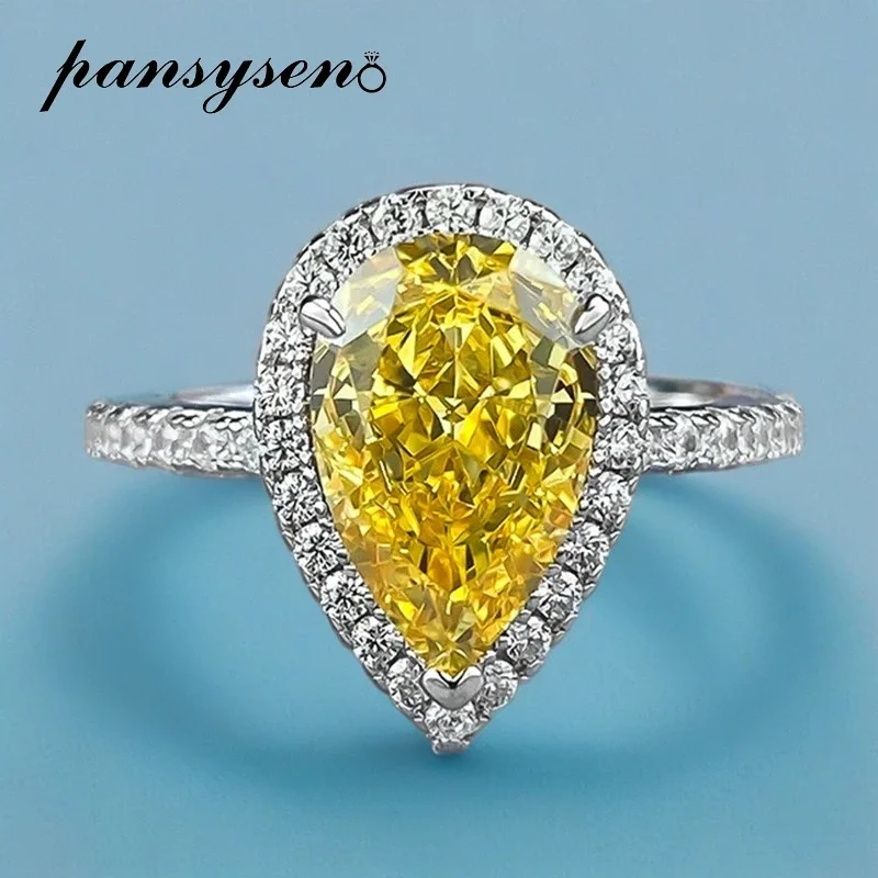 

PANSYSEN Bohemia Solid 925 Sterling Silver 7*11MM Pear Cut Citrine High Carbon Diamond Ring for Women Wedding Party Fine Jewelry