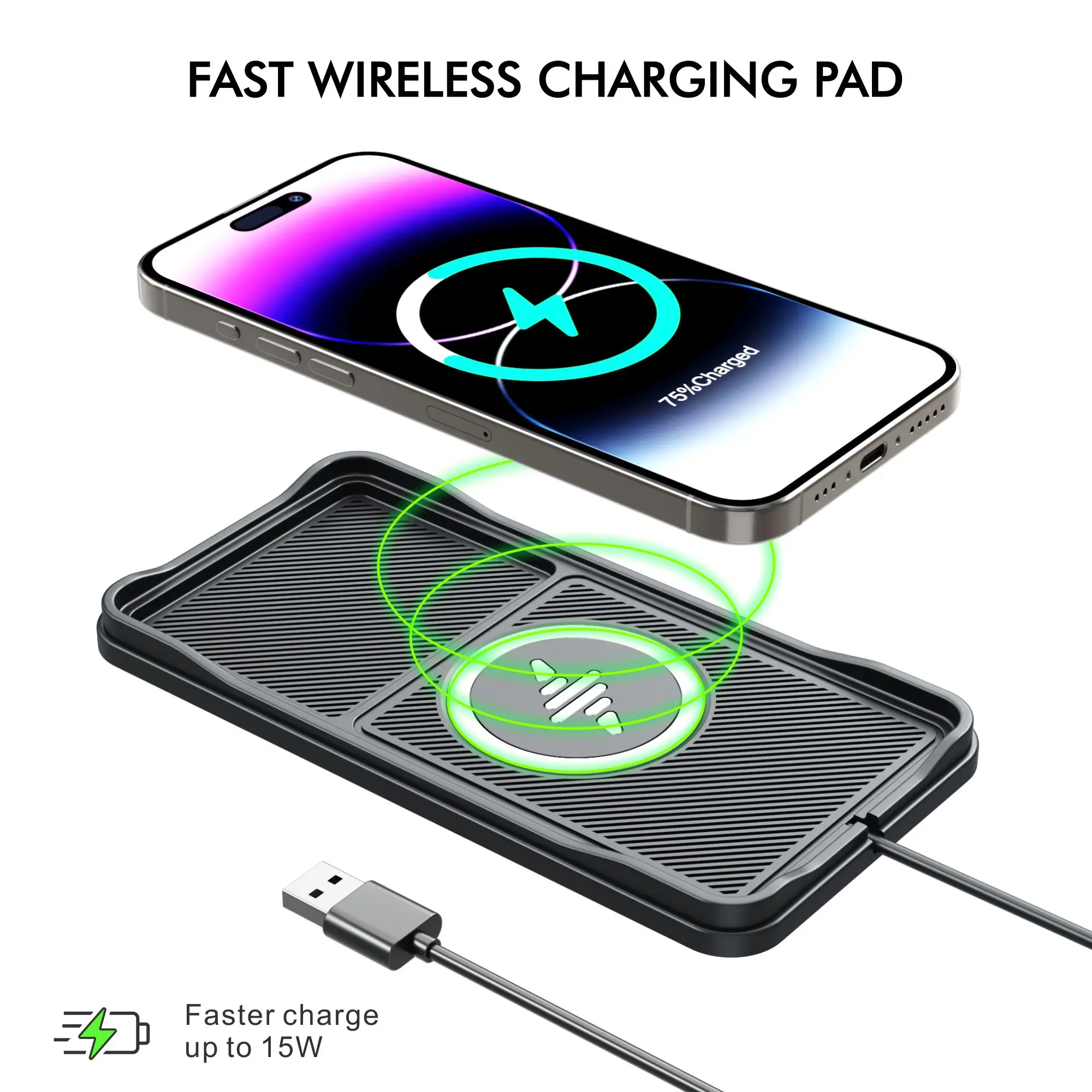 

Car Wireless Charger Pad 15W Fast Charging Anti-slip Silicone Charging Mount Wireless Charger Quick Charge Adapter for IPhon A3M