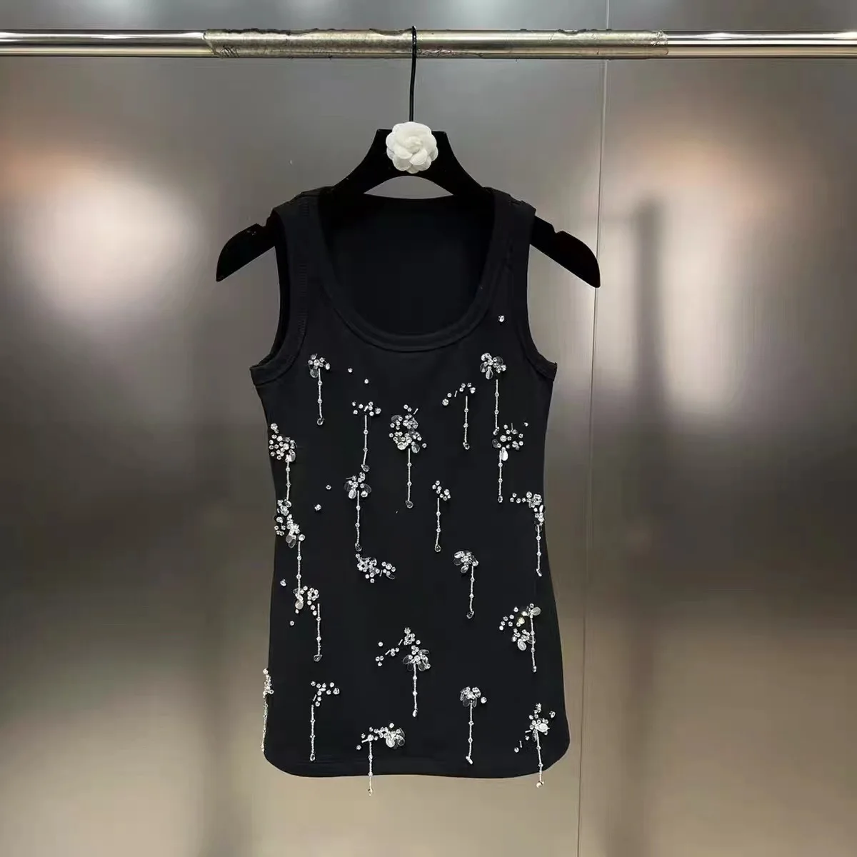 2024 Spring and Summer New Fashion Round Neck Sleeveless Diamond Nail Beads Sequined Tank Top Slim-fit Sexy Heavy Short Vest