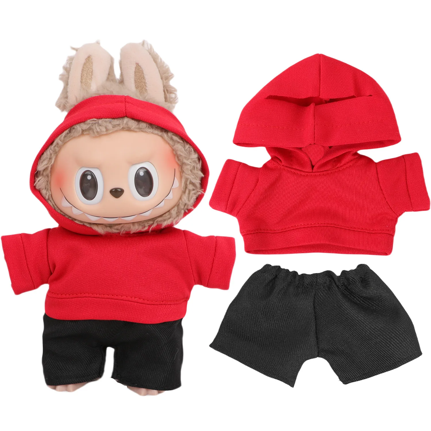

17cm Red Black Urban Knit Set Hooded Hanging Outfit for Labubu Vinyl Doll Streetwear Style Decor