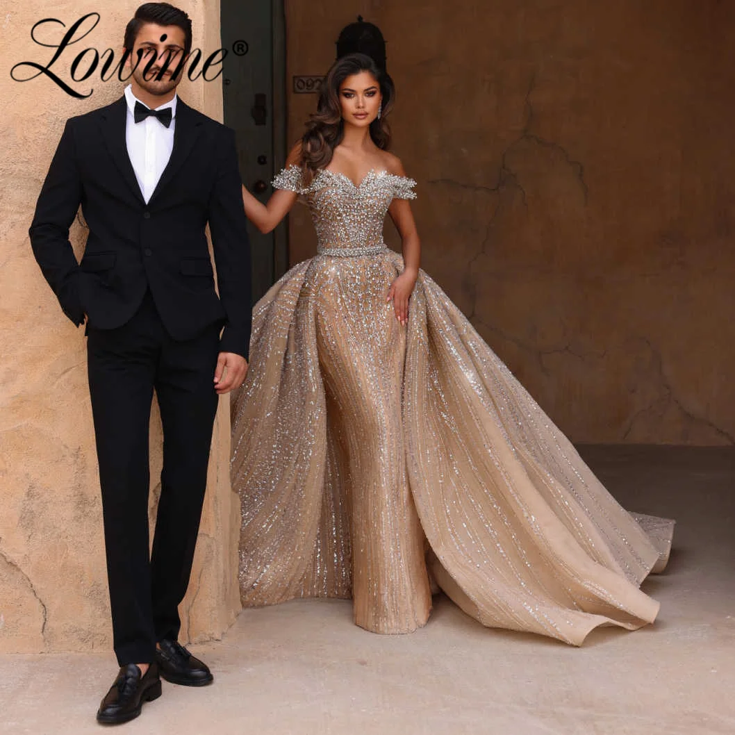 

2026 Exquisite Two Pieces Long Off Shoulder Celebrity Prom Dresses Dark Champagne Engagement Party Dress Customized Overskirt