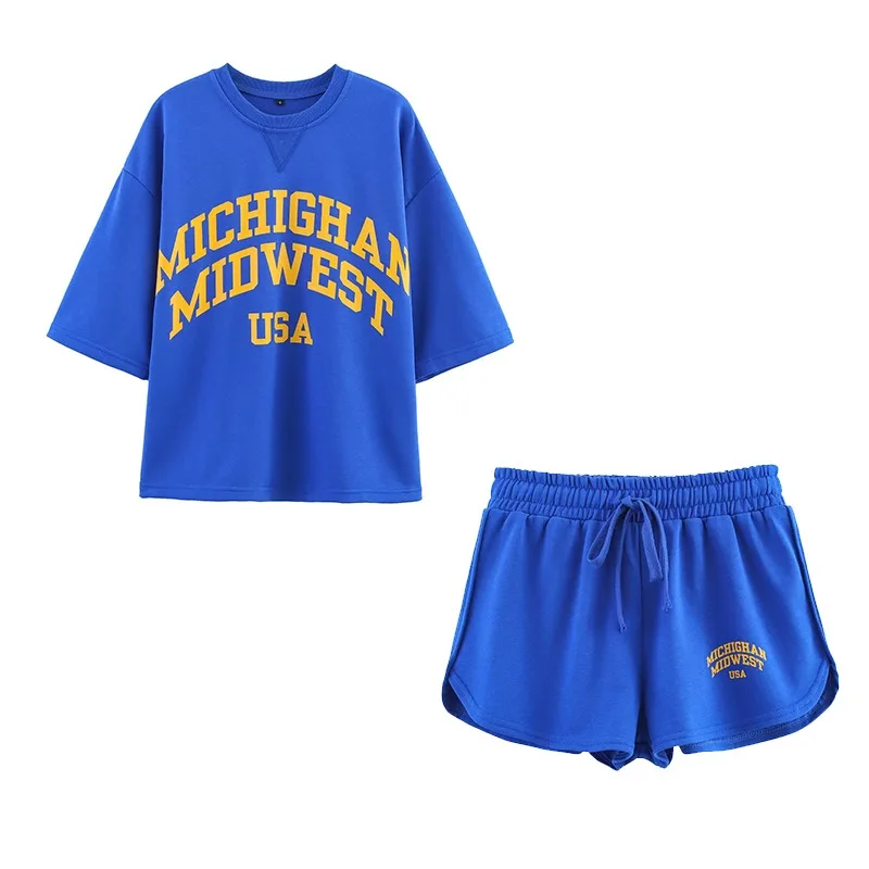 

TRAFZR Women Summer Sets 2024 Round Neck Loose Letter Print Outfits Sporty Style Two Piece Set Gym Home Daily Casual Wear