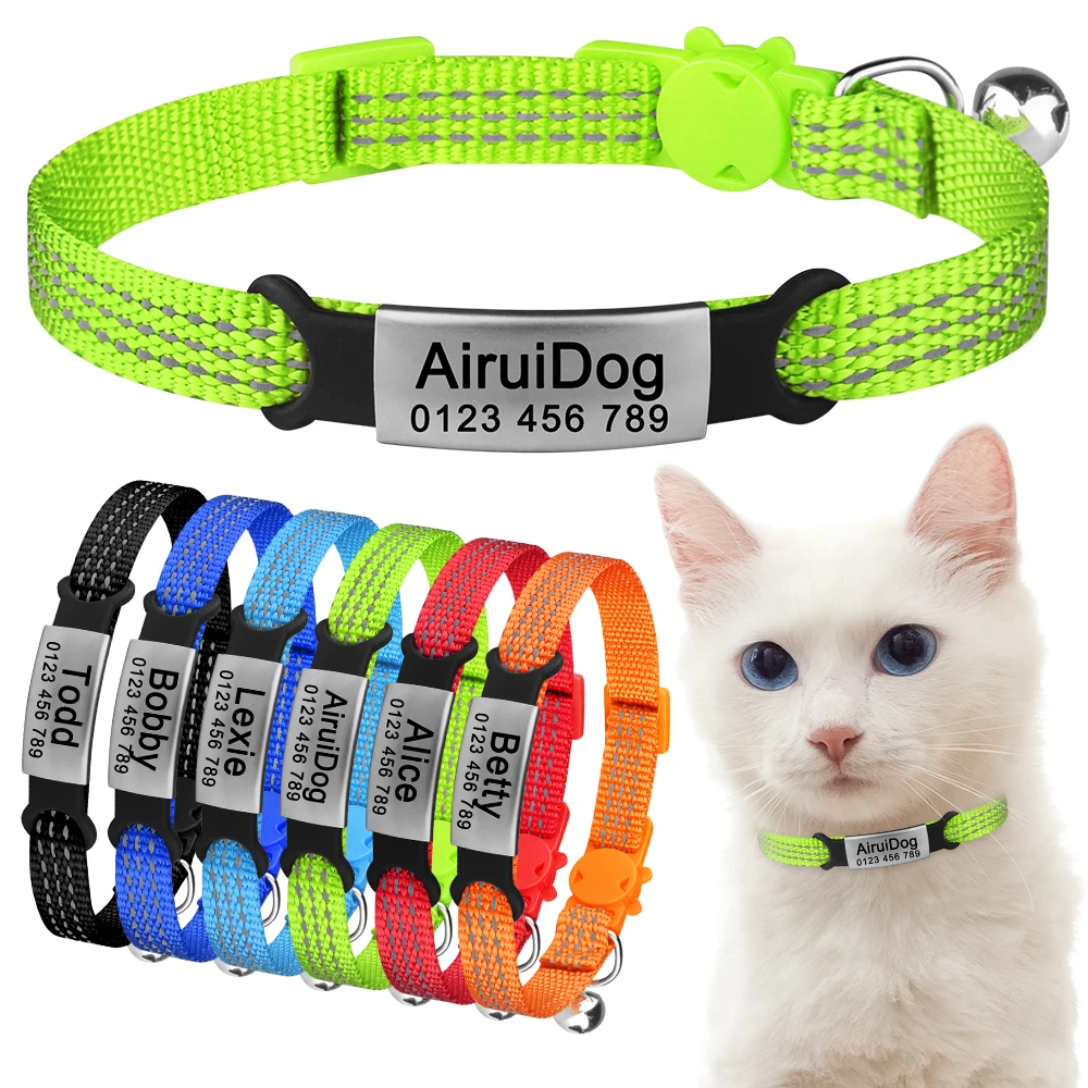 Collier de chat personnalisé avec nom, cloche d'identification en nylon, installation rapide, produits pour animaux de compagnie, petit, réglable, fournitures unisexes pour chaton