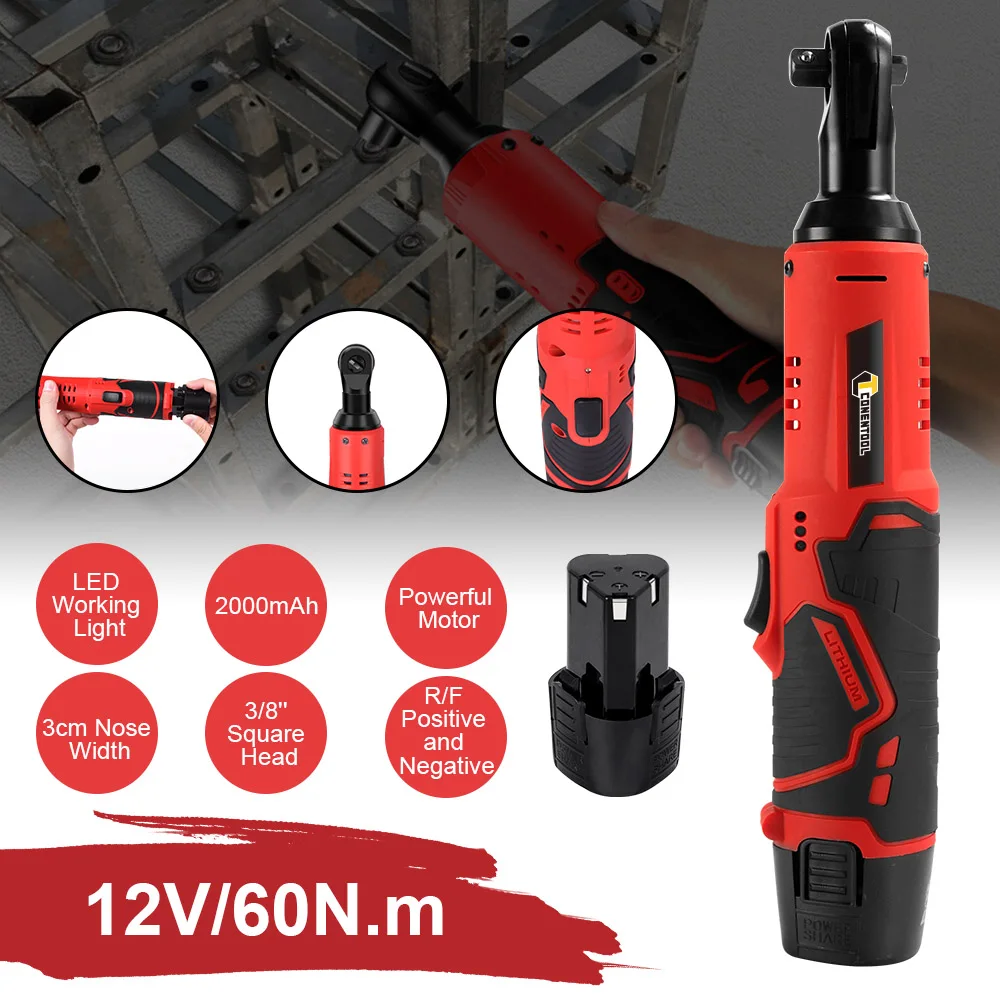 2 Batteries 60NM 3/8in Cordless Electric Ratchet Wrench, Angle Wrench 12V LED Light Power Ratchet Tool with Charger+7 Socket