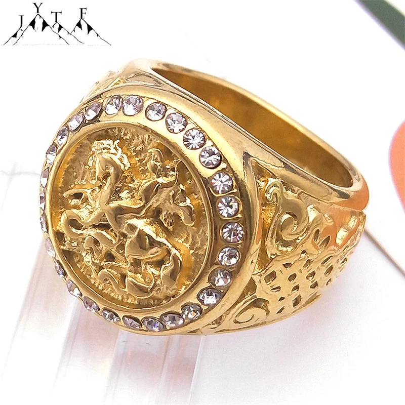 Saint Michael Men's Ring Punk Shinny Crystal Archangel Amulet Stainless Steel Gold Plated Rings Jewelry Boyfriend Gift RRR528S05