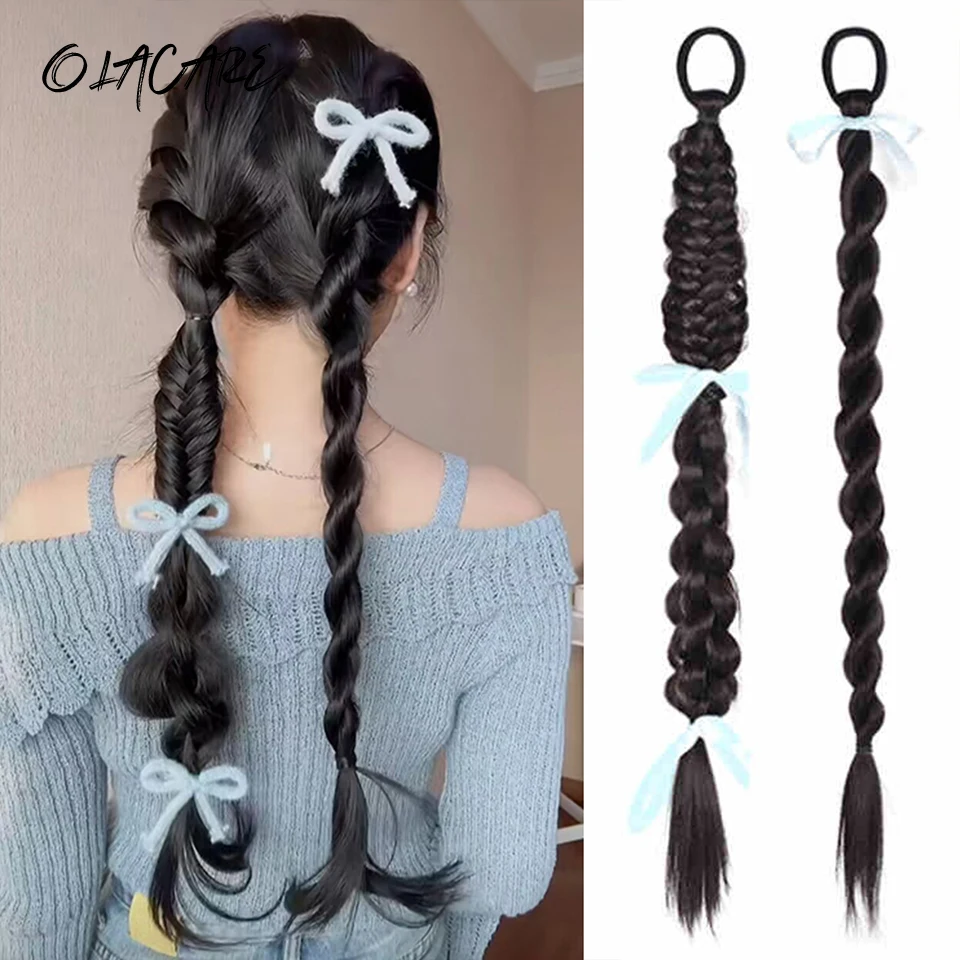 

2PCS Synthetic 22 Inch Long Twist Braid Irregular Braids Colorful Bow Ponytail Extensions With Elastic Band Versatile DIY Braide