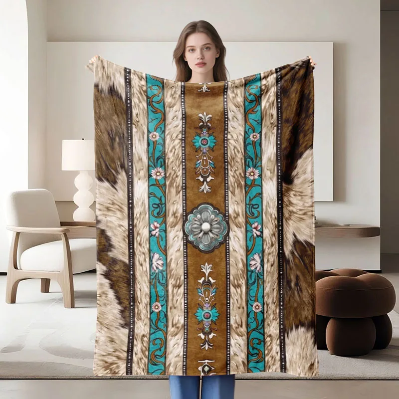 piece brown and turquoise floral flannel blanket, soft, suitable for sofa, bed, office, all-season use70x100