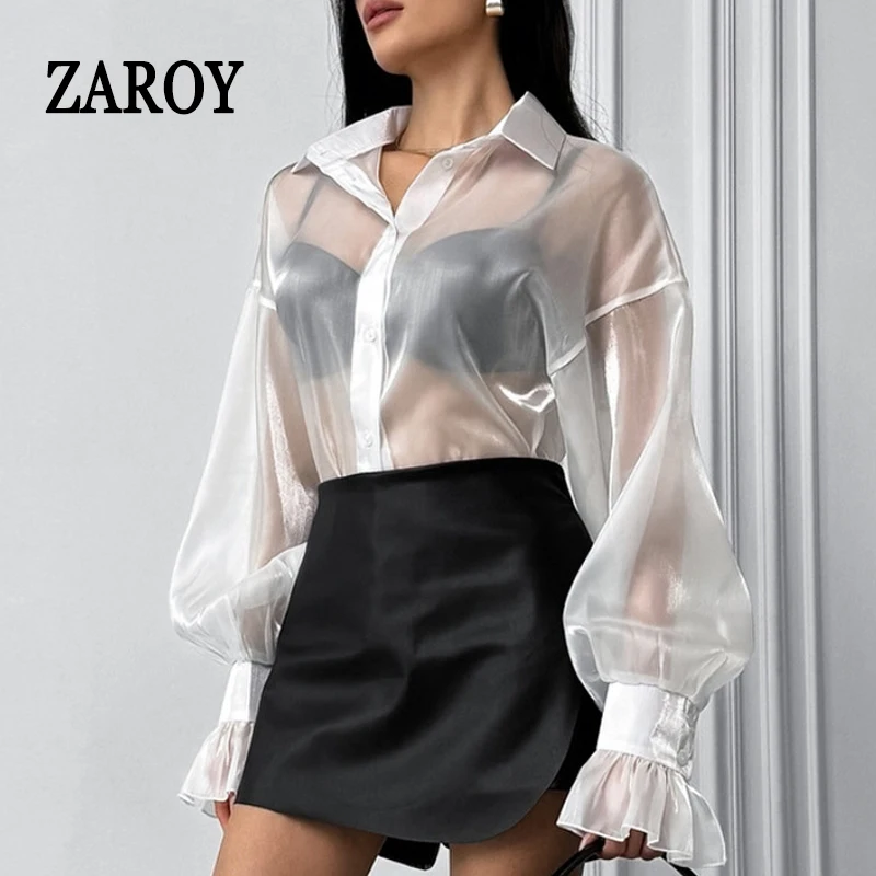 ZAROY Kemeja Wanita Tembus Pandang Seksi Blus Elegan Lengan Lentera Organza Perspektif Kemeja Tabir Surya Kasual Longgar Musim Panas руба