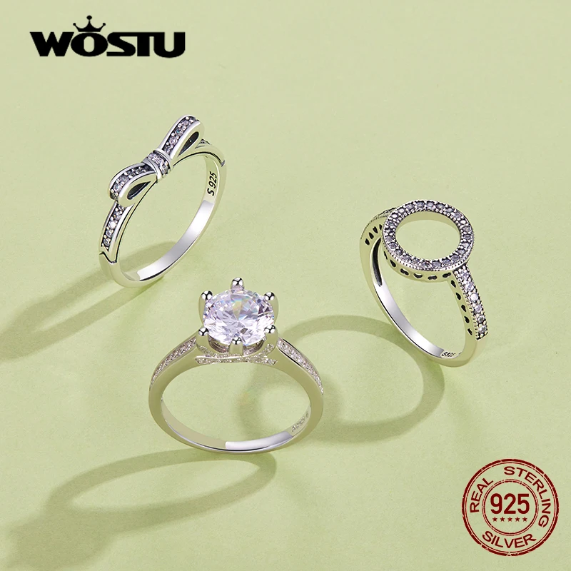 WOSTU Hot Sale Real 925 Sterling Silver Lucky Circle Finger Rings For Women Heart CZ Rings Fashion Jewelry Gifts Dropshipping