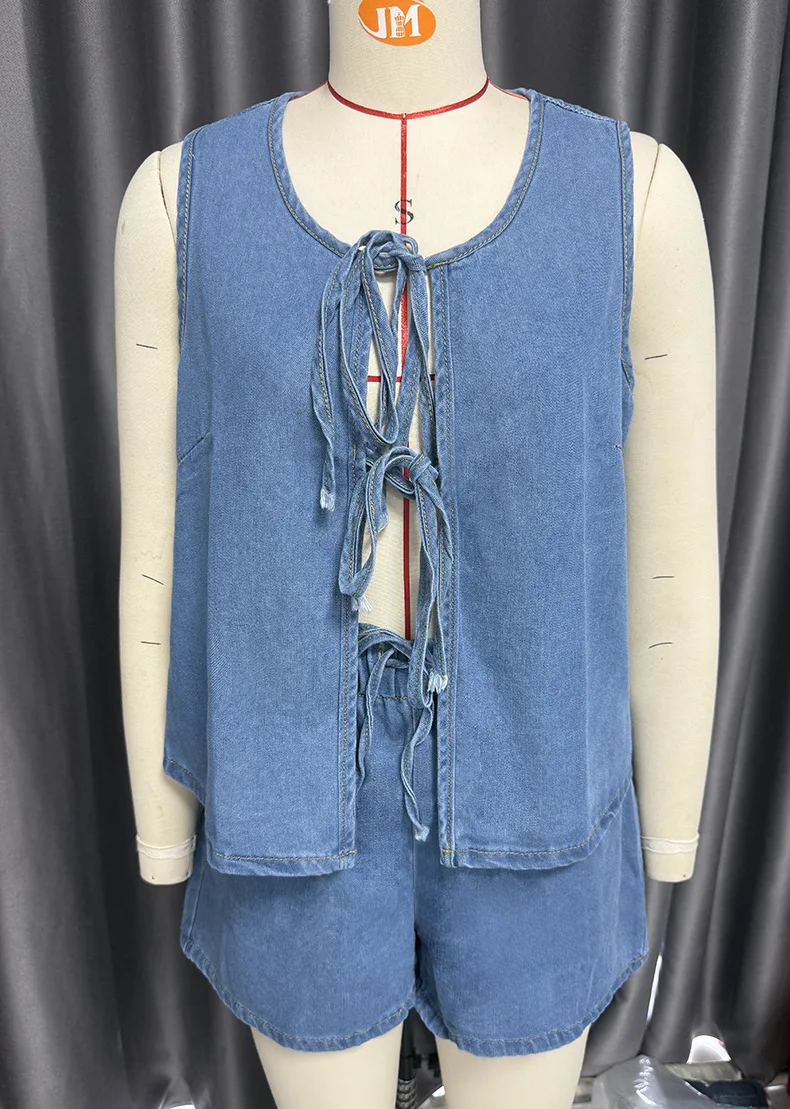 

Denim 2 Piece Sets Women Short Pants Outfits Casual 2025 Sleeveless Tank Top Lace Up High Waist Shorts Suits Ensemble Streetwear