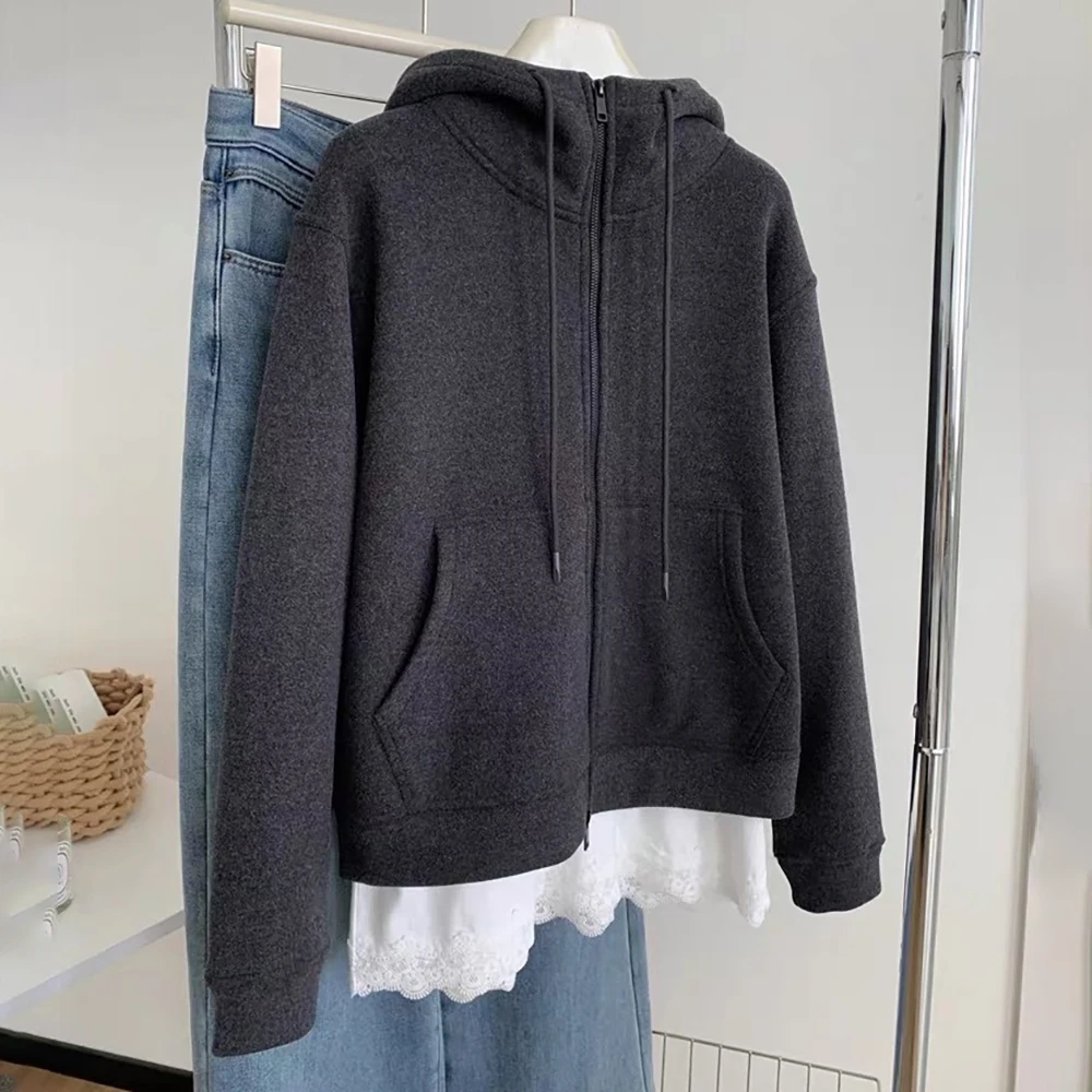 

Повседневные свободные серые пальто на молнии для женщин, весенне-осенние негабаритные толстовки с капюшоном, куртки, тонкие бархатные теплые толстовки, верхняя одежда