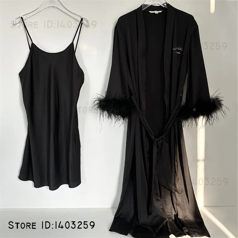 Luxury Feather Rhinestone Wedding Robe Nightgown Set SEXY Satin Bride Kimono Gown Bathrobe Elegant Women Nightwear Home Dress
