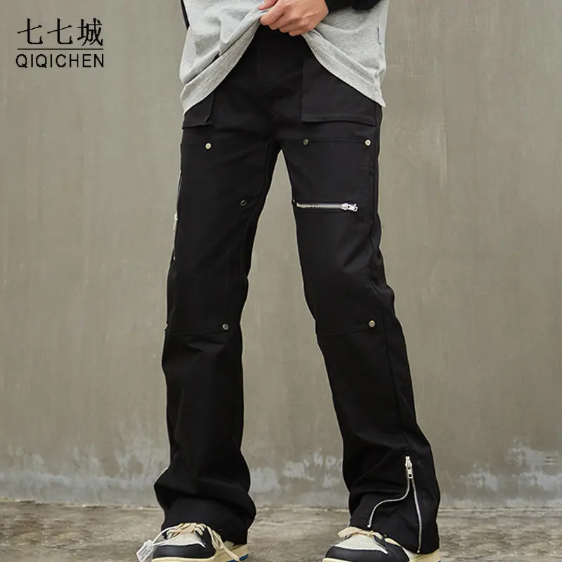 High Street Casual Pants Men Solid Color Multi Zipper Pocket Straight Cargo Jeans Vintage Loose Trousers Male Streetwear Spring