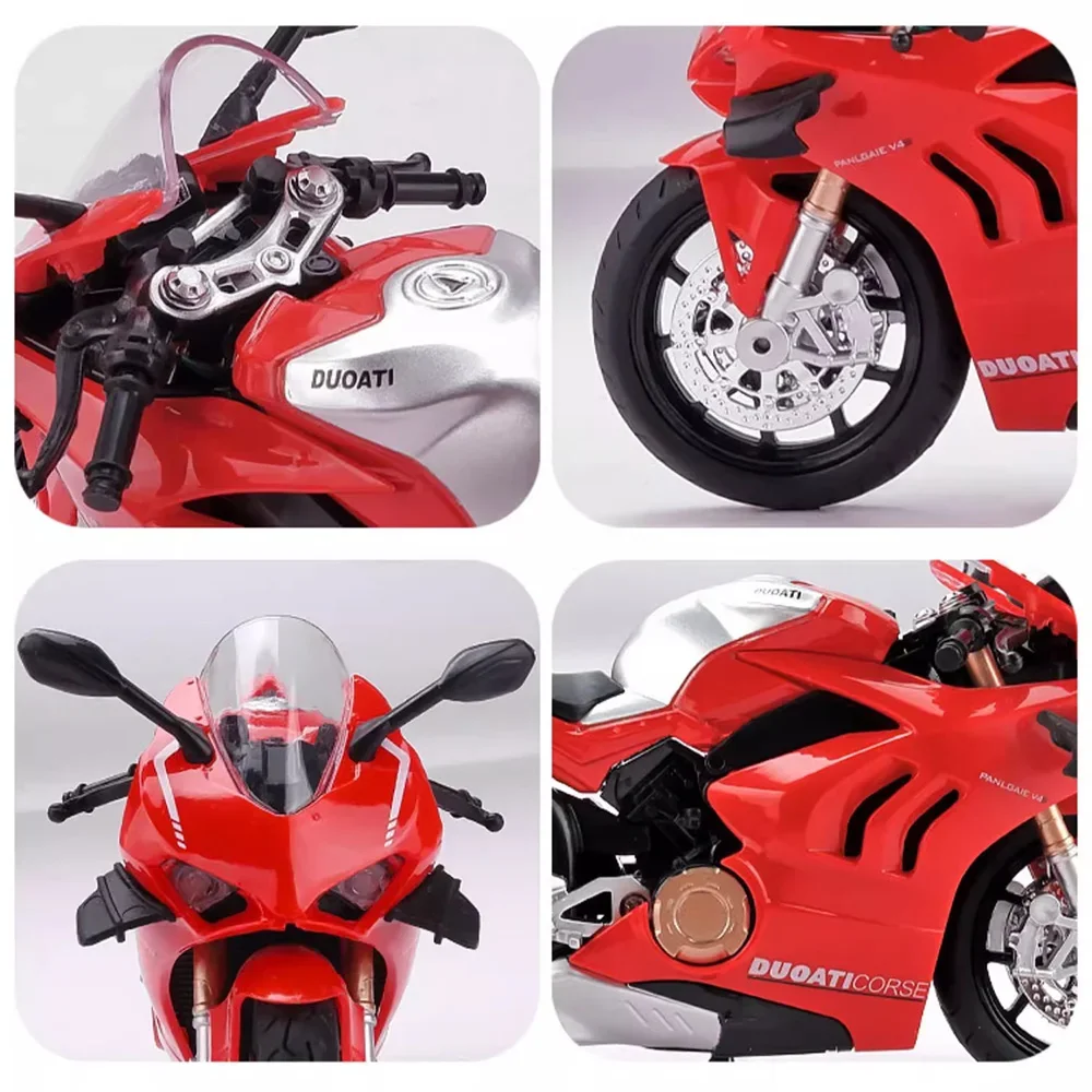 1:12 1199 V4S レーシングバイクモデルおもちゃ車 合金ボディ 衝撃吸収 サウンドライト フリーホイール モーターモデル 子供向けホリデーギフト