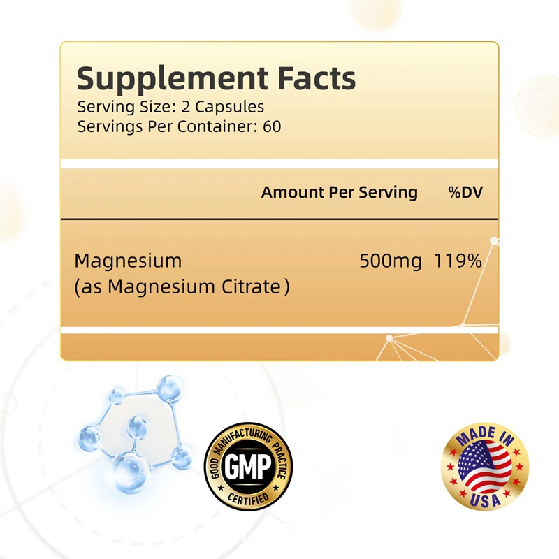 Magnesium Citrate 500mg - Maximum Absorption for Muscle, Nerve, Bone and Heart Health - Gluten Free, Non-GMO