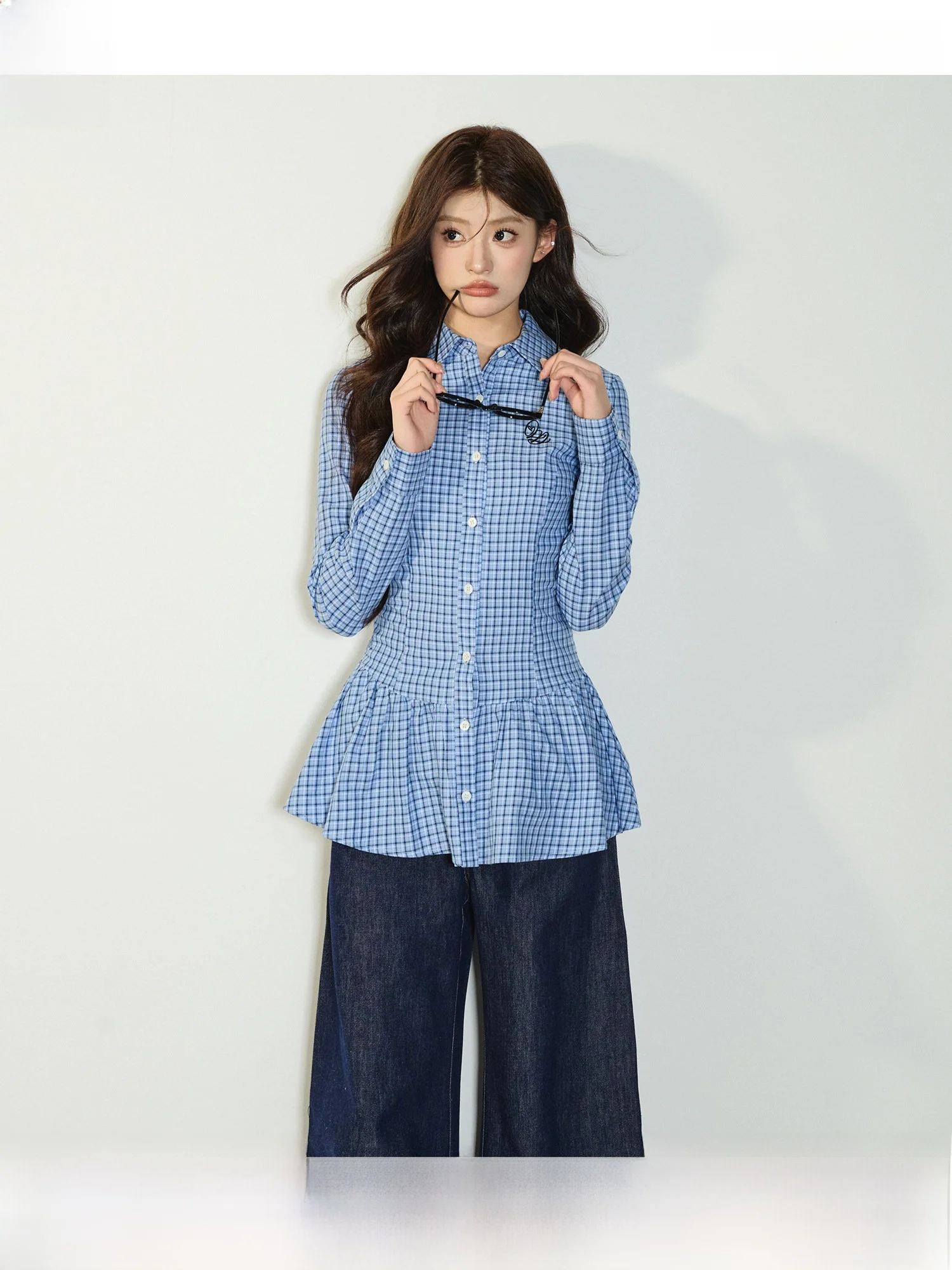 Blue Plaid Slim Fit Shirt Women's Spring Turn Collar Waist Cinching Long Sleeve Floral  Top QDQD College Style Cotton Pure