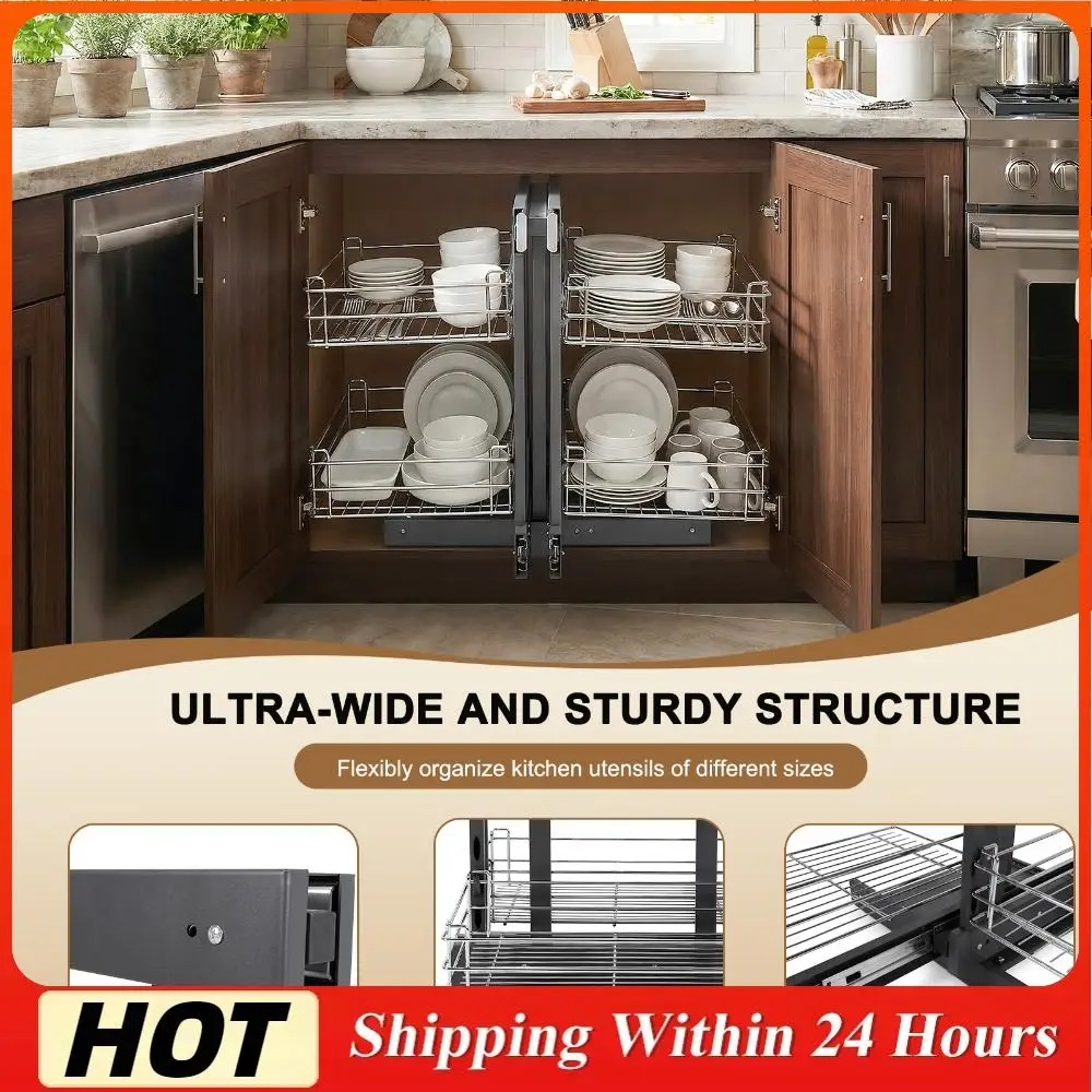 

Dual Tier Pull-Out Basket Left Open & Right Open Compatible Pullout Shelf Storage Organizer for Blind Corner Kitchen Or Bathroom