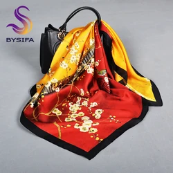 BYSIFA Elegant Red Yellow Silk Scarf 70*70cm China Plum Blossom Design Winter Scarves Spring Autumn Brand Square Silk Scarves