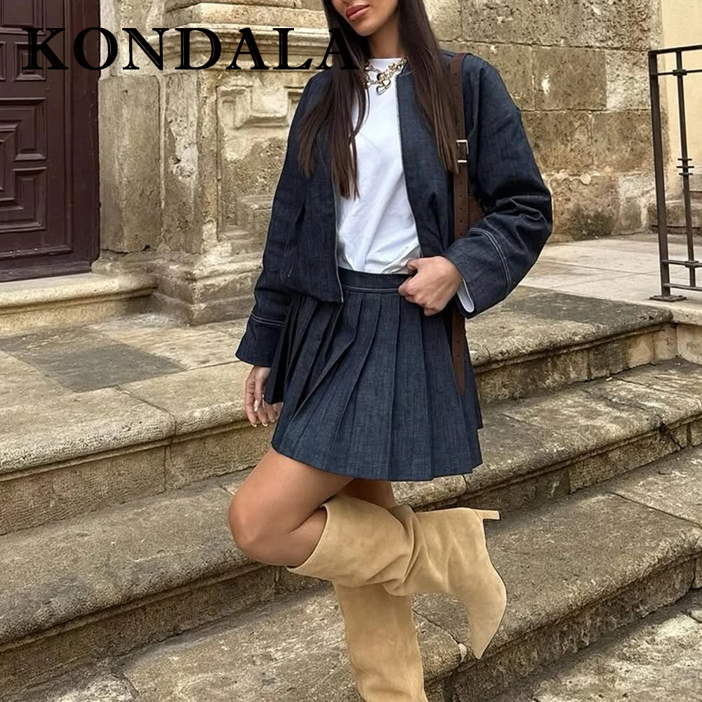 

KONDALA мода 2025 осень повседневная уличная одежда женский костюм с круглым вырезом на молнии куртка-пилот + мини-шорты на молнии юбка винтажные комплекты